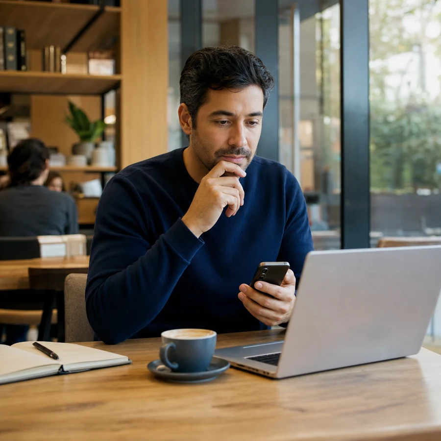 Persona evaluando cambiar su plan de salud en un café tranquilo