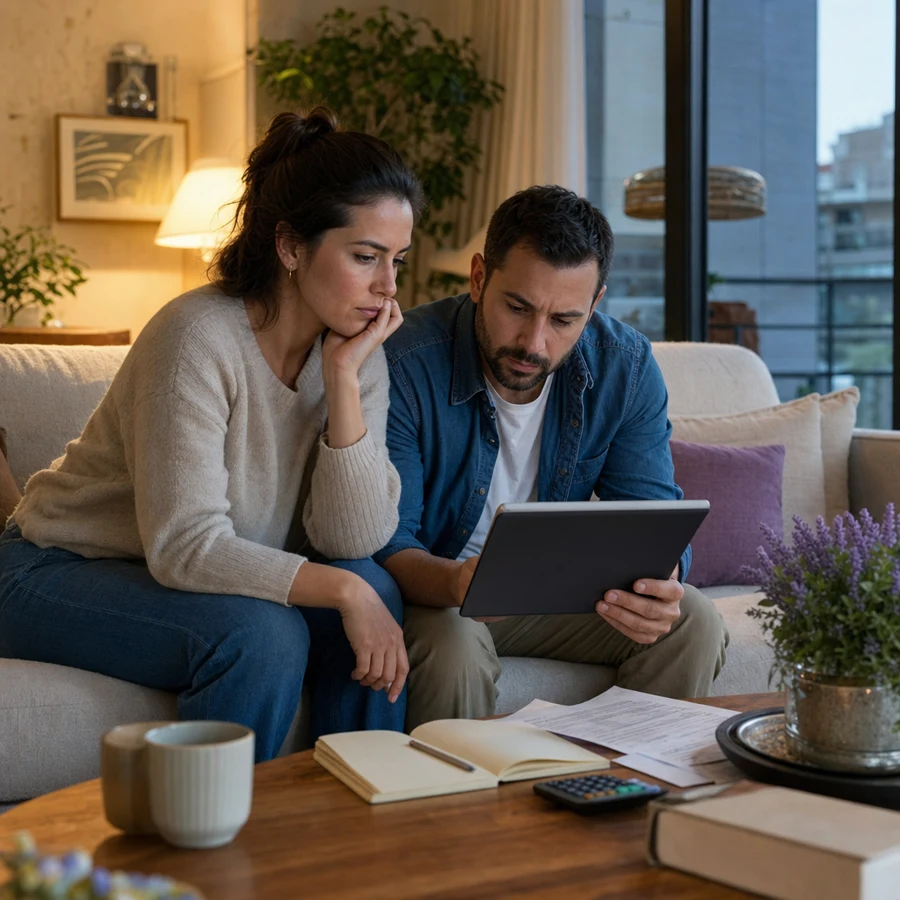 Pareja revisando gastos mensuales y plan de salud en el living